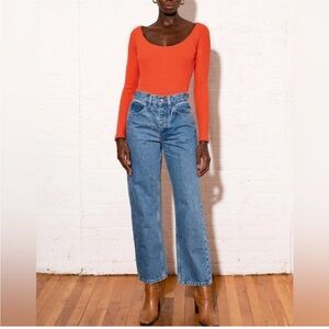 MARA HOFFMAN Martha Ribbed Bodysuit Long Sleeve Organic Cotton Poppy Color XL